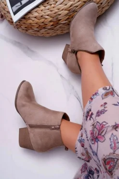 New Botki Damskie Na Obcasie Suwak Zamszowe Beżowe Farre Damskie Botki Na Słupku|Botki Na Obcasie