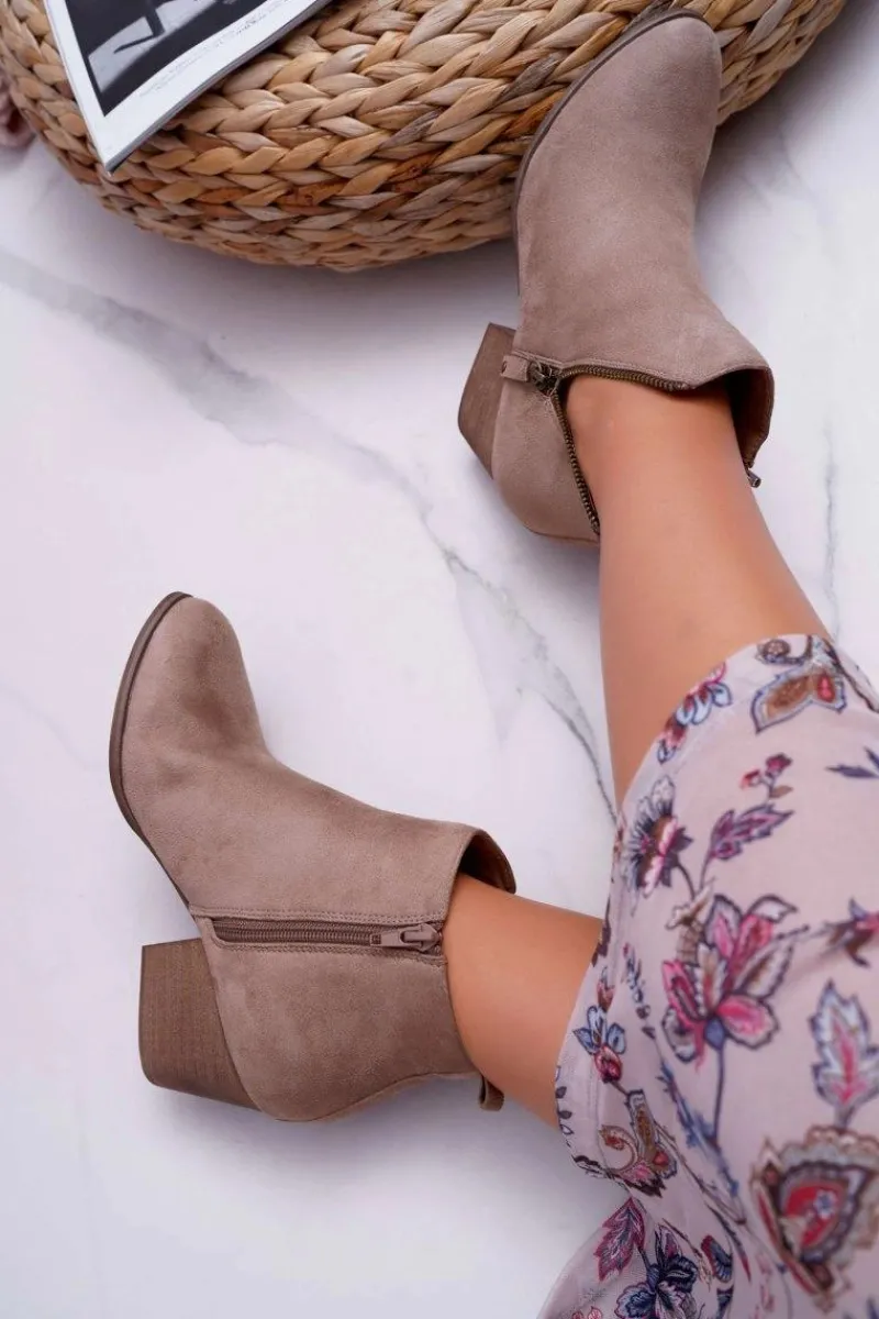 New Botki Damskie Na Obcasie Suwak Zamszowe Beżowe Farre Damskie Botki Na Słupku|Botki Na Obcasie