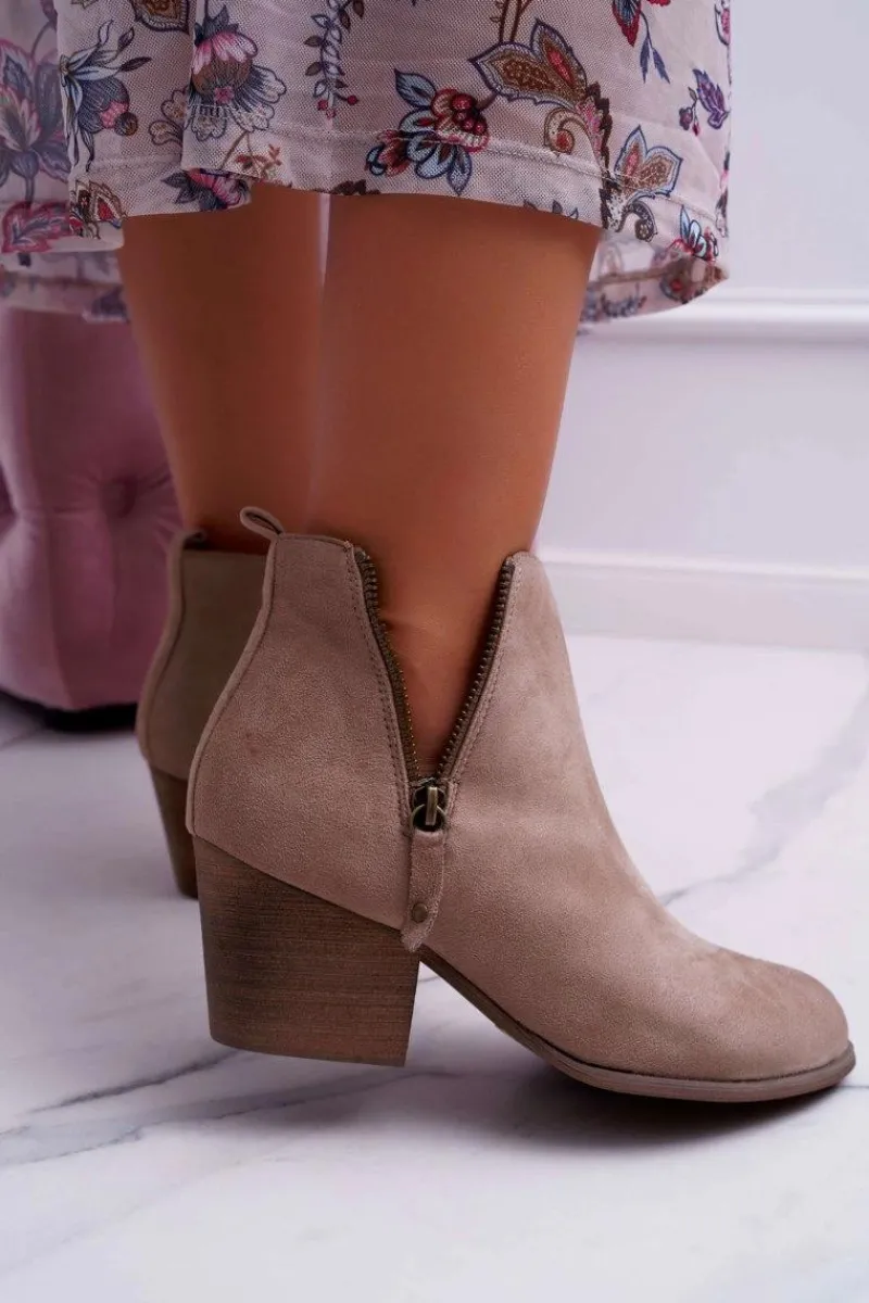 New Botki Damskie Na Obcasie Suwak Zamszowe Beżowe Farre Damskie Botki Na Słupku|Botki Na Obcasie