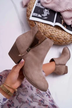 New Botki Damskie Na Obcasie Suwak Zamszowe Beżowe Farre Damskie Botki Na Słupku|Botki Na Obcasie