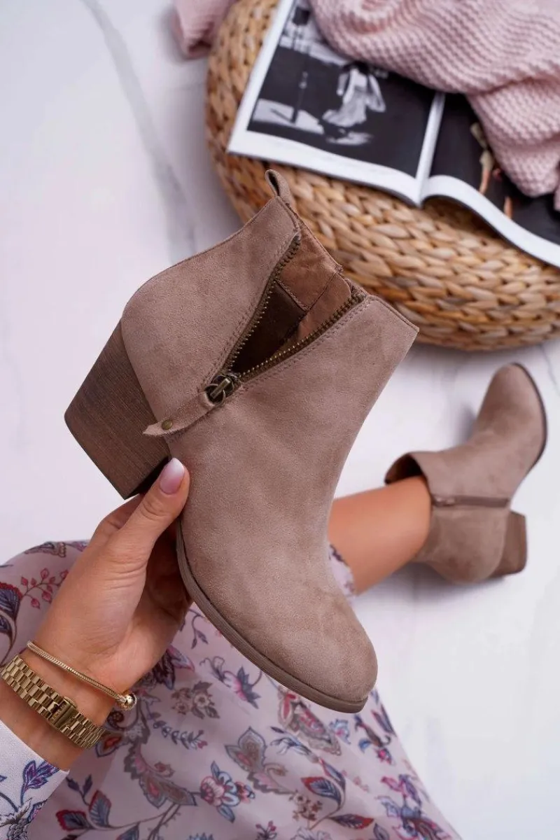 New Botki Damskie Na Obcasie Suwak Zamszowe Beżowe Farre Damskie Botki Na Słupku|Botki Na Obcasie
