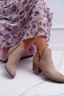 New Botki Damskie Na Obcasie Suwak Zamszowe Beżowe Farre Damskie Botki Na Słupku|Botki Na Obcasie