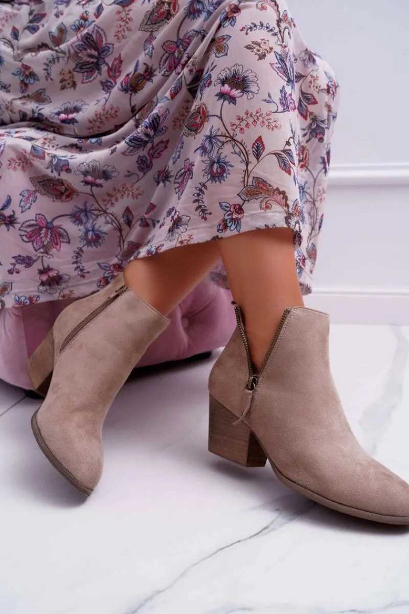 New Botki Damskie Na Obcasie Suwak Zamszowe Beżowe Farre Damskie Botki Na Słupku|Botki Na Obcasie