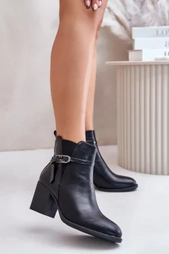 New Boto Botki Damskie Na Obcasie Słupku Ocieplane Z Paskiem Czarne Zinithia Czarny