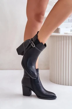 New Boto Botki Damskie Na Obcasie Słupku Ocieplane Z Paskiem Czarne Zinithia Czarny