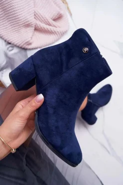 Clearance Botki Damskie Na Obcasie Sergio Leone Granatowe BT520 Damskie Botki Na Słupku|Botki Zimowe Damskie