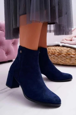 Clearance Botki Damskie Na Obcasie Sergio Leone Granatowe BT520 Damskie Botki Na Słupku|Botki Zimowe Damskie