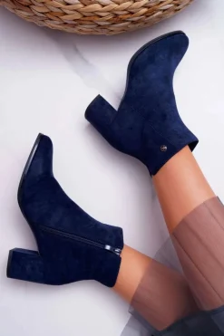 Clearance Botki Damskie Na Obcasie Sergio Leone Granatowe BT520 Damskie Botki Na Słupku|Botki Zimowe Damskie