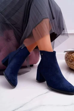 Clearance Botki Damskie Na Obcasie Sergio Leone Granatowe BT520 Damskie Botki Na Słupku|Botki Zimowe Damskie