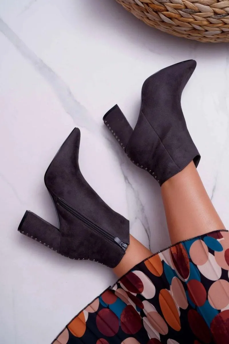 Outlet Boto Botki Damskie Na Obcasie Z Nitami W Szpic Szare Snack