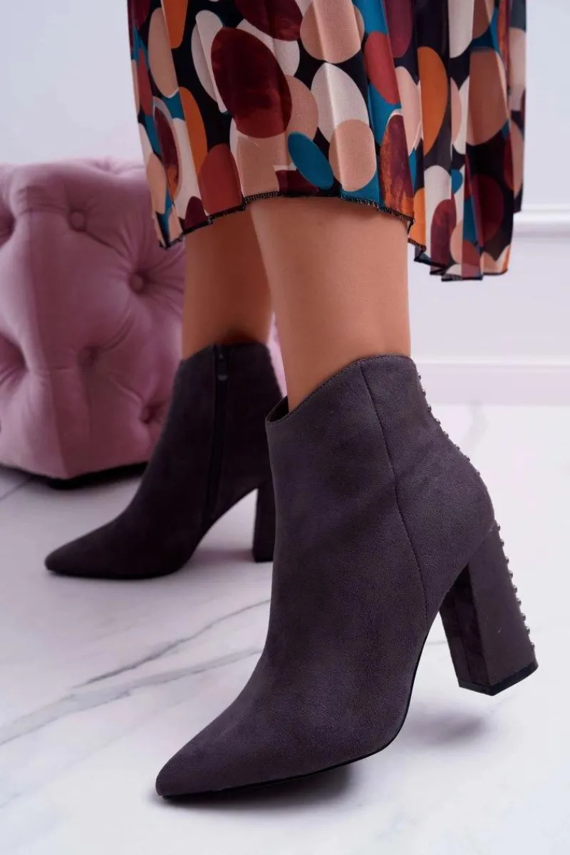 Outlet Boto Botki Damskie Na Obcasie Z Nitami W Szpic Szare Snack