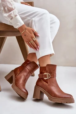 Discount Boto Botki Damskie Na Obcasie Słupku Ocieplane Na Zamek Camel Inabelle