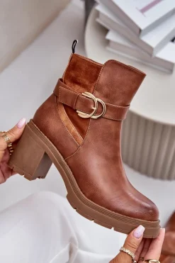 Discount Boto Botki Damskie Na Obcasie Słupku Ocieplane Na Zamek Camel Inabelle