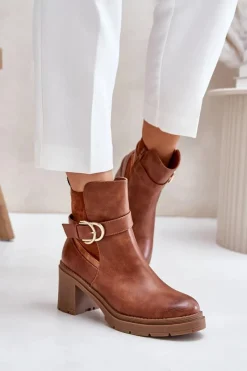 Discount Boto Botki Damskie Na Obcasie Słupku Ocieplane Na Zamek Camel Inabelle