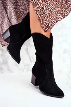 Hot Botki Damskie Na Obcasie Skóra Nubuk Czarne Nicole 2580 Damskie Botki Na Słupku|Czarne Botki