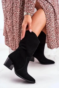 Hot Botki Damskie Na Obcasie Skóra Nubuk Czarne Nicole 2580 Damskie Botki Na Słupku|Czarne Botki