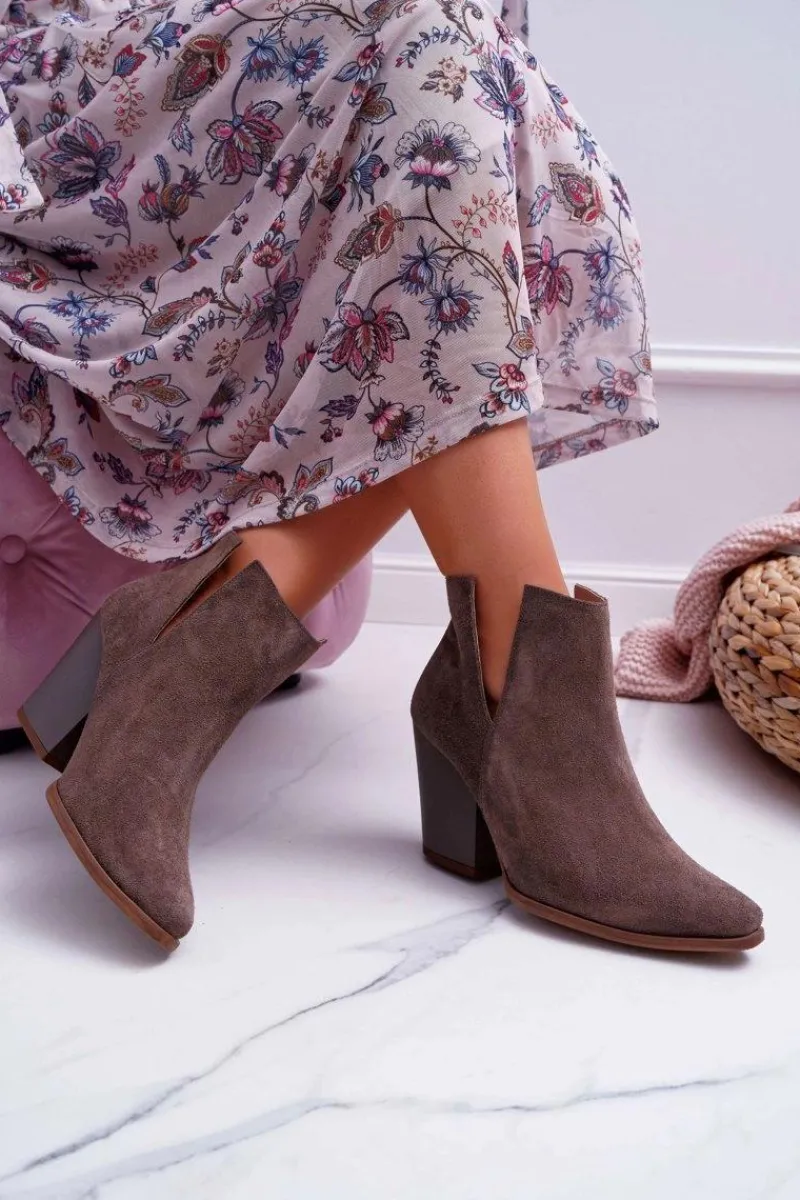 Botki Wiosenne|Botki Na Słupku>Boto Botki Damskie Na Obcasie Wiosenne Skóra Zamsz Ciemne Cappuccino Nicole 2430