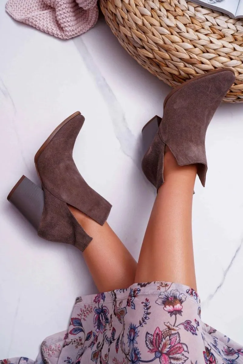 Botki Wiosenne|Botki Na Słupku>Boto Botki Damskie Na Obcasie Wiosenne Skóra Zamsz Ciemne Cappuccino Nicole 2430
