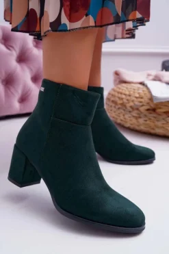 Outlet Botki Damskie Na Obcasie Sergio Leone Zielone BT522 Damskie Botki Na Słupku|Botki Zimowe Damskie
