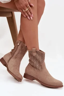 Botki Ażurowe|Botki Płaskie>Damskie buty S.Barski Botki Damskie Na Płaskim Obcasie Z Ażurowym Wzorem S.Barski HY52-530 Beżowe Beżowy