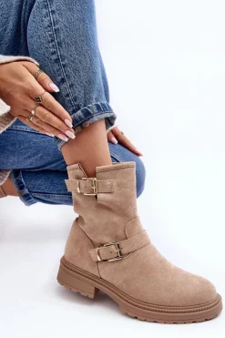 Clearance Botki Damskie Na Płaskim Obcasie Z Klamrami Beżowe Bliggore Damskie Brązowe I Beżowe Botki|Botki Płaskie