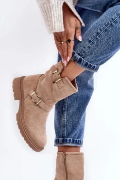 Clearance Botki Damskie Na Płaskim Obcasie Z Klamrami Beżowe Bliggore Damskie Brązowe I Beżowe Botki|Botki Płaskie