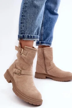 Clearance Botki Damskie Na Płaskim Obcasie Z Klamrami Beżowe Bliggore Damskie Brązowe I Beżowe Botki|Botki Płaskie