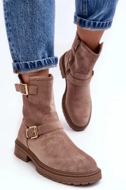 Brązowe I Beżowe Botki|Botki Płaskie>Boto Botki Damskie Na Płaskim Obcasie Z Klamrami Ciemnobeżowe Bliggore