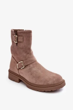 Brązowe I Beżowe Botki|Botki Płaskie>Boto Botki Damskie Na Płaskim Obcasie Z Klamrami Ciemnobeżowe Bliggore