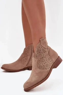 Discount Botki Damskie Na Płaskim Obcasie S.Barski HY52-532 Beżowe Damskie Botki Ażurowe|Botki Płaskie