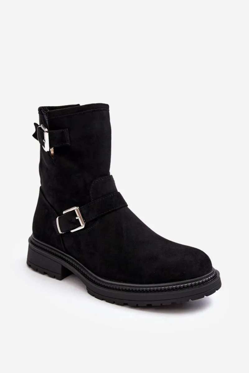 Outlet Boto Botki Damskie Na Płaskim Obcasie Z Klamrami Czarne Bliggore Czarny