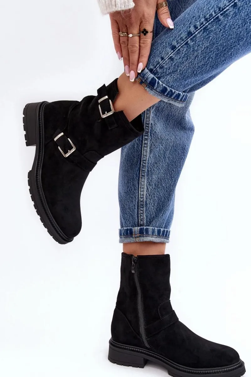 Outlet Boto Botki Damskie Na Płaskim Obcasie Z Klamrami Czarne Bliggore Czarny