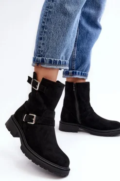 Outlet Boto Botki Damskie Na Płaskim Obcasie Z Klamrami Czarne Bliggore Czarny