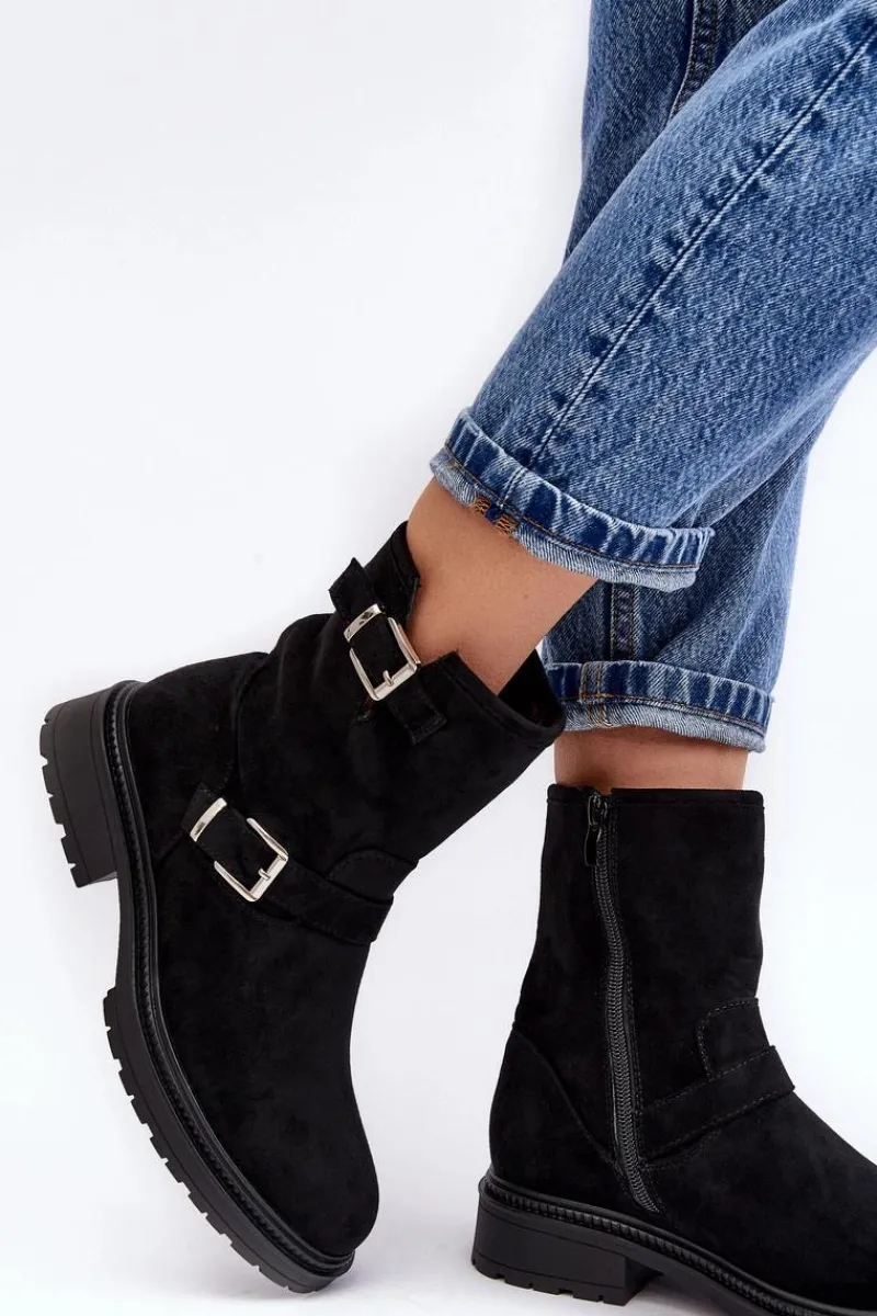 Outlet Boto Botki Damskie Na Płaskim Obcasie Z Klamrami Czarne Bliggore Czarny