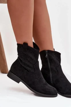 Outlet Botki Damskie Na Płaskim Obcasie Z Ażurowym Wzorem S.Barski HY52-530 Czarne Damskie Botki Ażurowe|Botki Płaskie