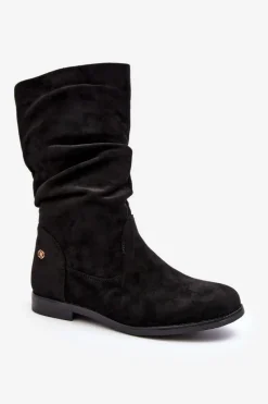Czarne Botki|Botki Płaskie>Evento Botki Damskie Na Płaskim Obcasie Z Marszczoną Cholewką Czarne Kotine