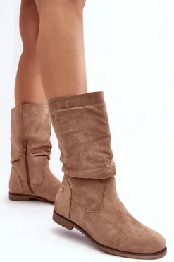 Best Evento Botki Damskie Na Płaskim Obcasie Z Marszczoną Cholewką Beżowe Kotine