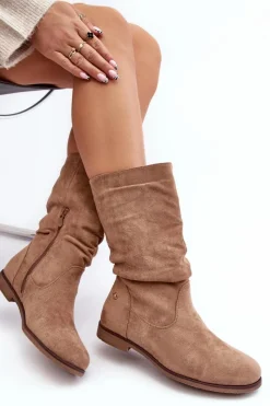 Best Evento Botki Damskie Na Płaskim Obcasie Z Marszczoną Cholewką Beżowe Kotine