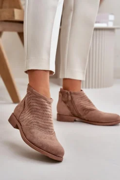 Botki Ażurowe|Brązowe I Beżowe Botki>Damskie buty S.Barski Botki Damskie Na Płaskim Obcasie Ażurowe Brązowe S.Barski HY42-076 Brązowy