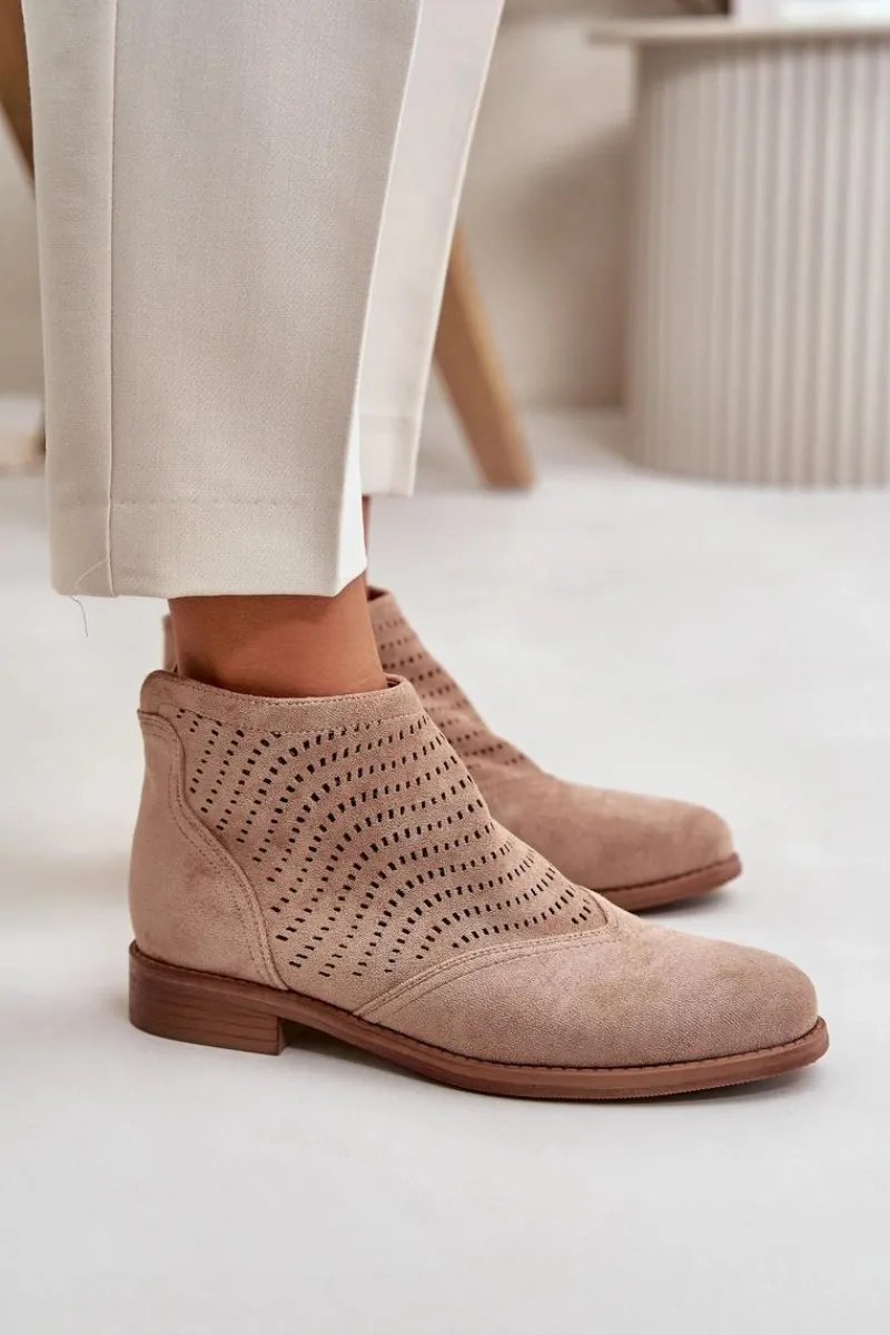 Hot Botki Damskie Na Płaskim Obcasie Ażurowe Beżowe S.Barski HY42-076 Damskie Botki Ażurowe|Brązowe I Beżowe Botki