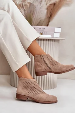 Hot Botki Damskie Na Płaskim Obcasie Ażurowe Beżowe S.Barski HY42-076 Damskie Botki Ażurowe|Brązowe I Beżowe Botki