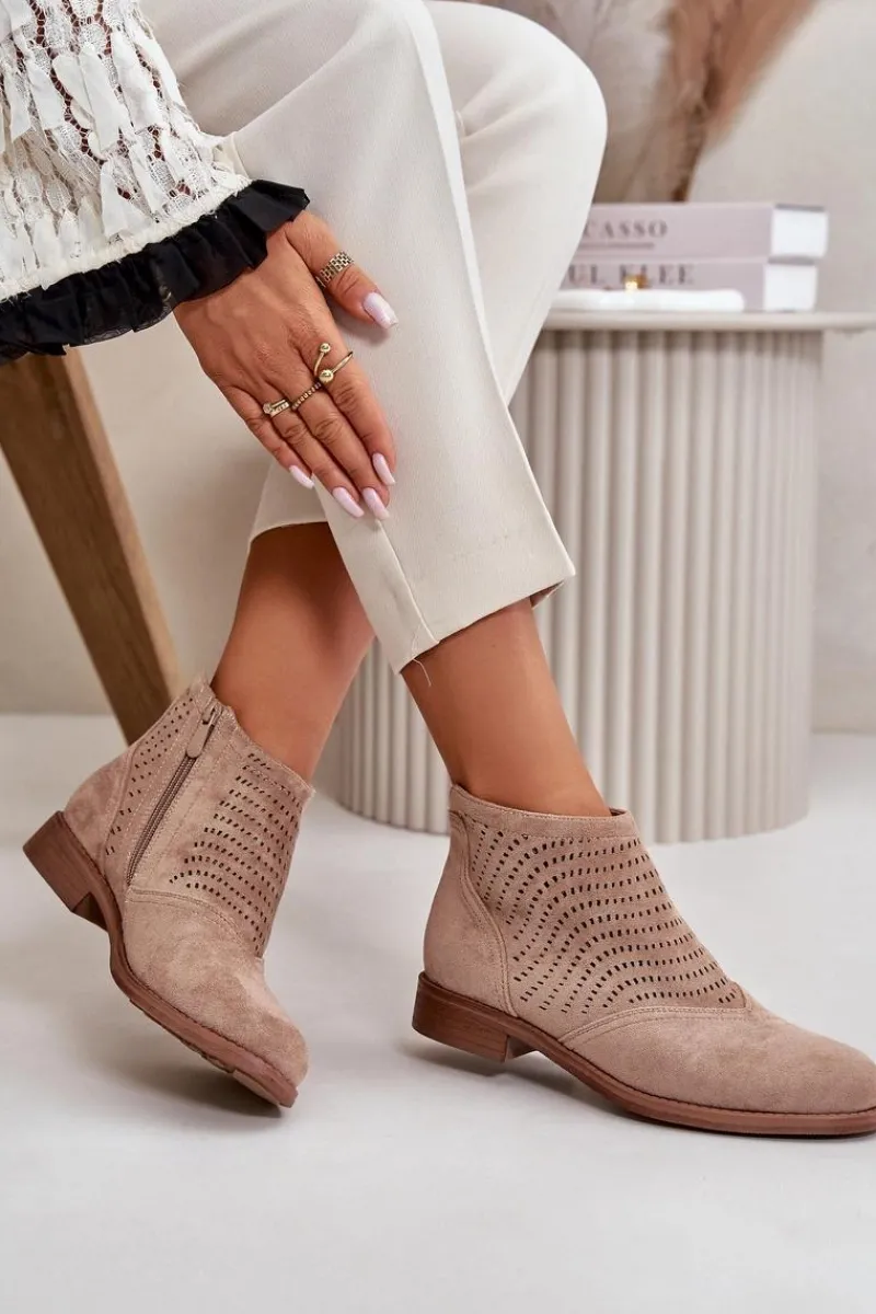 Hot Botki Damskie Na Płaskim Obcasie Ażurowe Beżowe S.Barski HY42-076 Damskie Botki Ażurowe|Brązowe I Beżowe Botki