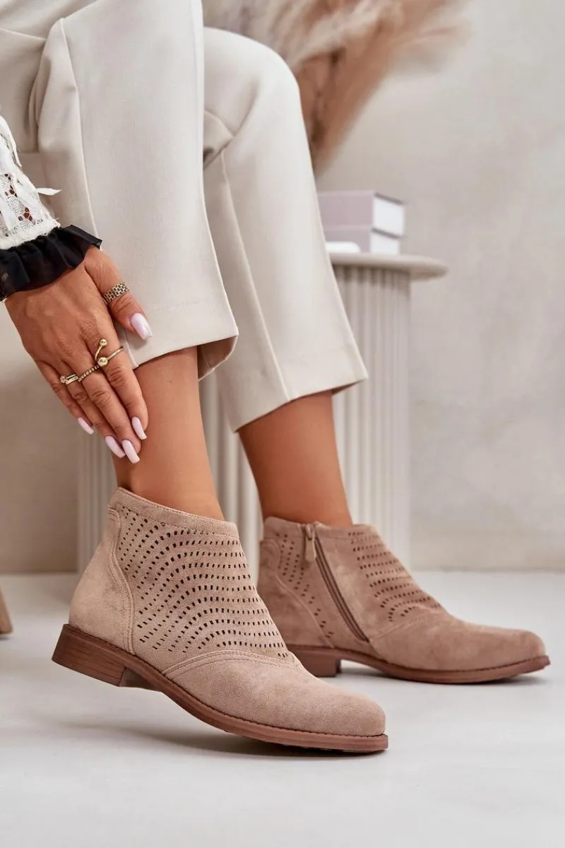 Hot Botki Damskie Na Płaskim Obcasie Ażurowe Beżowe S.Barski HY42-076 Damskie Botki Ażurowe|Brązowe I Beżowe Botki