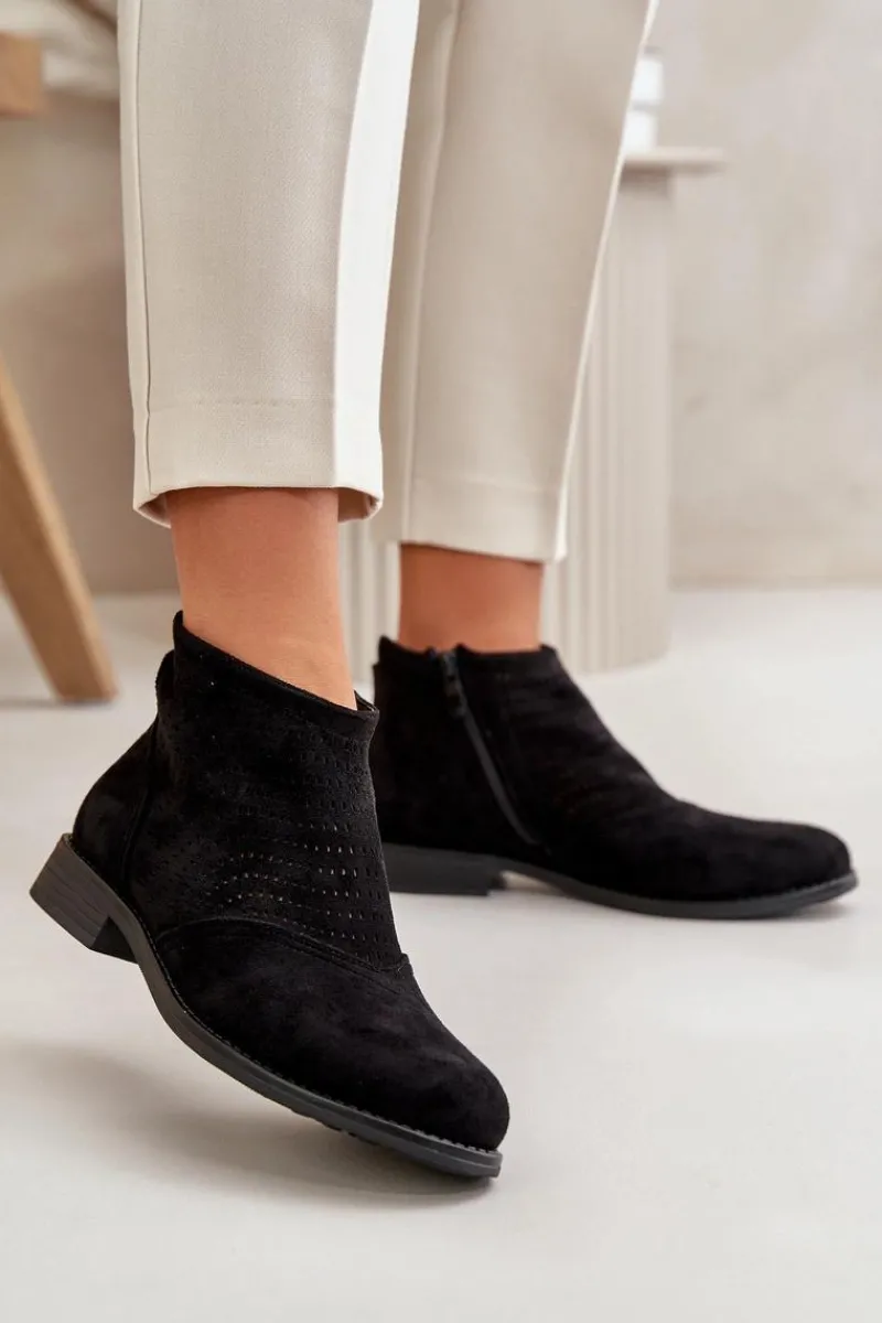 Best Damskie buty S.Barski Botki Damskie Na Płaskim Obcasie Ażurowe Czarne S.Barski HY42-076 Czarny