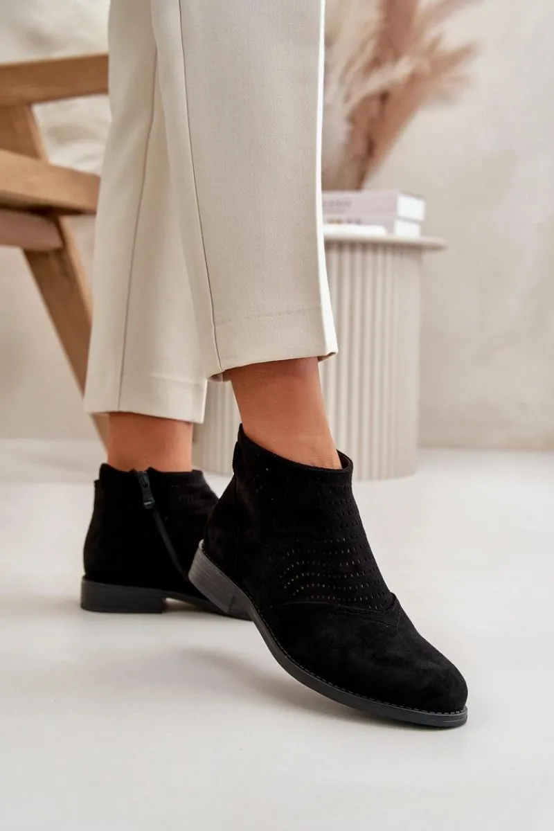 Best Damskie buty S.Barski Botki Damskie Na Płaskim Obcasie Ażurowe Czarne S.Barski HY42-076 Czarny