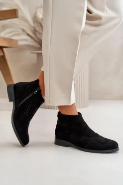 Best Damskie buty S.Barski Botki Damskie Na Płaskim Obcasie Ażurowe Czarne S.Barski HY42-076 Czarny