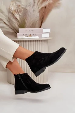 Best Damskie buty S.Barski Botki Damskie Na Płaskim Obcasie Ażurowe Czarne S.Barski HY42-076 Czarny