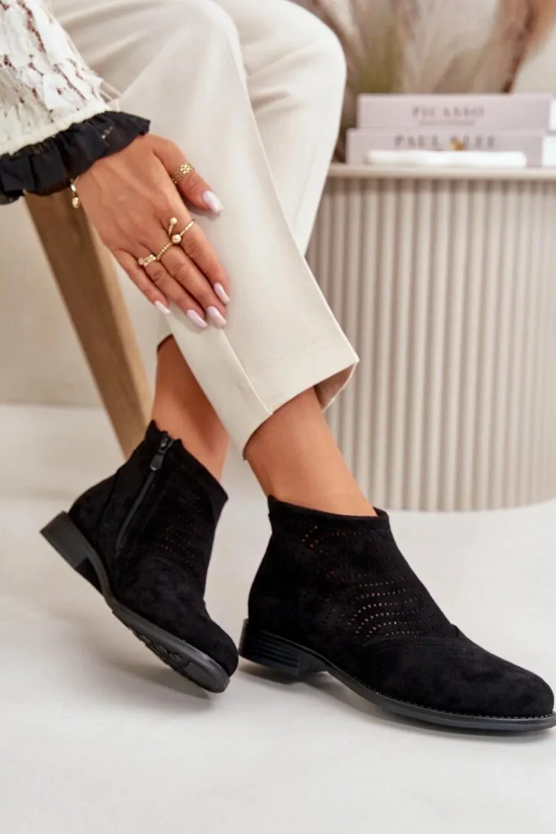 Best Damskie buty S.Barski Botki Damskie Na Płaskim Obcasie Ażurowe Czarne S.Barski HY42-076 Czarny