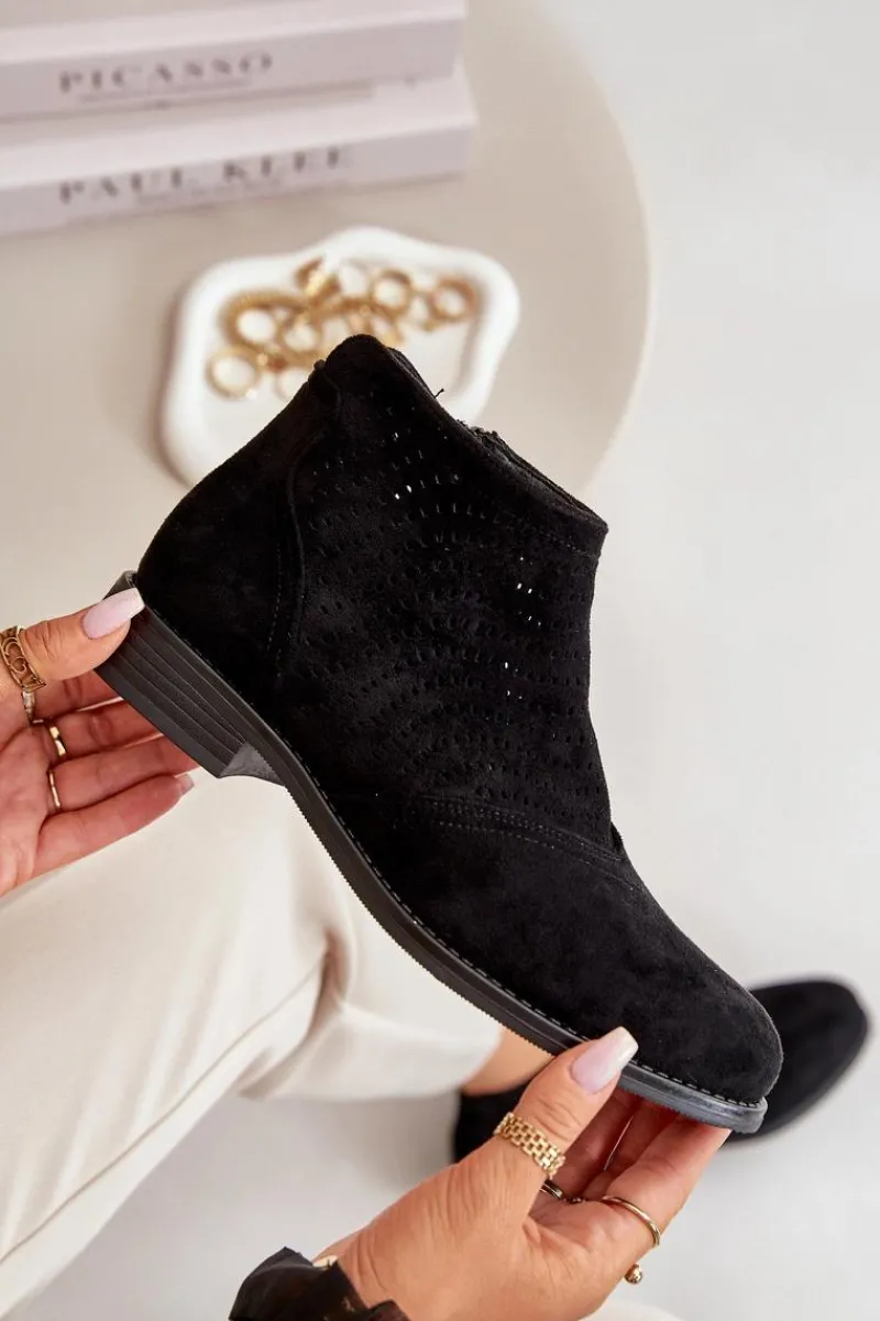 Best Damskie buty S.Barski Botki Damskie Na Płaskim Obcasie Ażurowe Czarne S.Barski HY42-076 Czarny