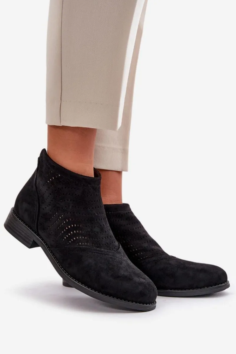 Best Damskie buty S.Barski Botki Damskie Na Płaskim Obcasie Ażurowe Czarne S.Barski HY42-076 Czarny